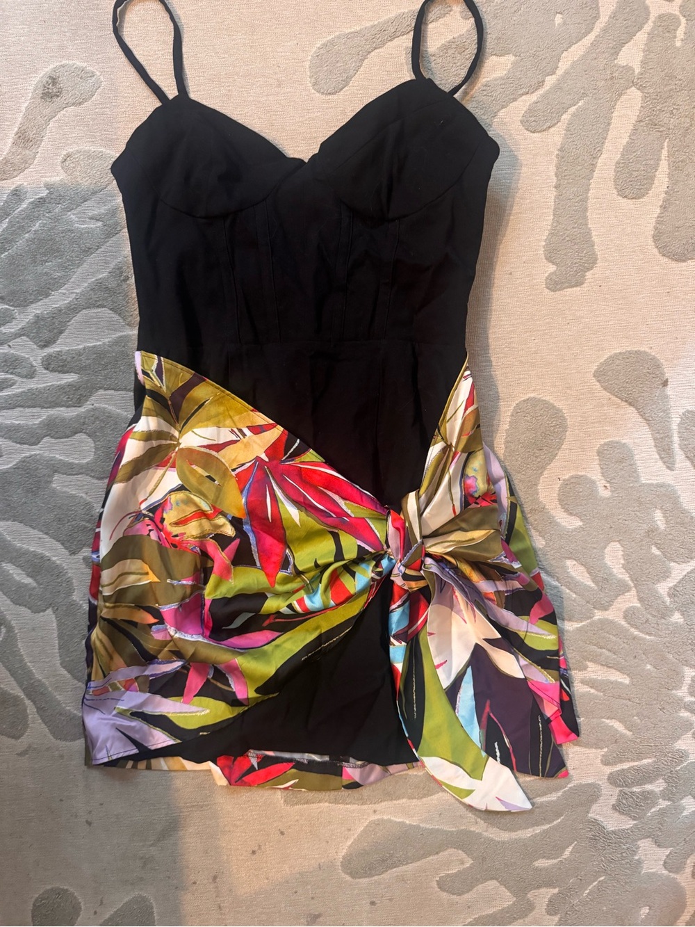 Zara Black Mini Dress with Multicolor Tropical Tie